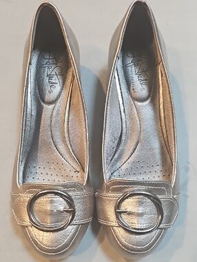 Life Stride Pewter Round-Buckle Wedges